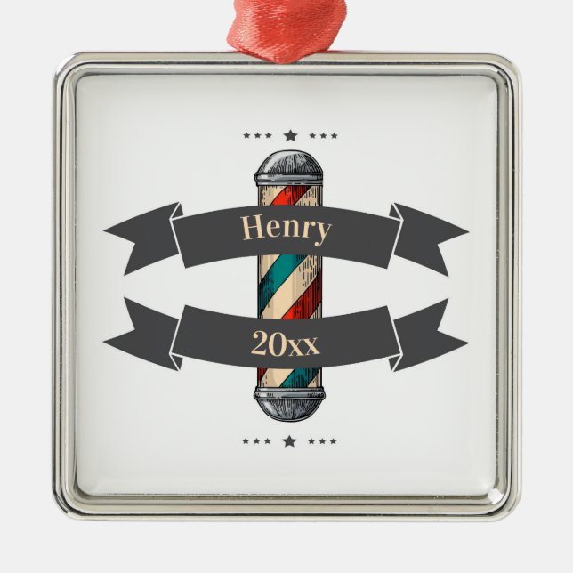 Editable Barbershop Hairdresser Metall Ornament (Framsidan)