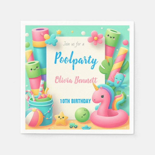 Editable Bassäng Party Birthday Summer Simma Pappersservett (Framsidan)