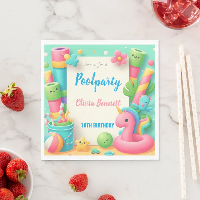 Editable Bassäng Party Birthday Summer Simma Pappersservett (Insitu)