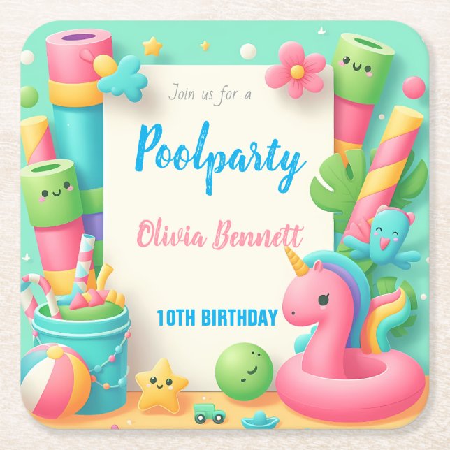 Editable Bassäng Party Birthday Summer Simma Underlägg Papper Kvadrat (Framsidan)