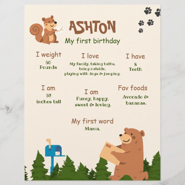 Editable Bear First Birthday Woodland Bear Boy 1 Reklamblad (Framsidan)