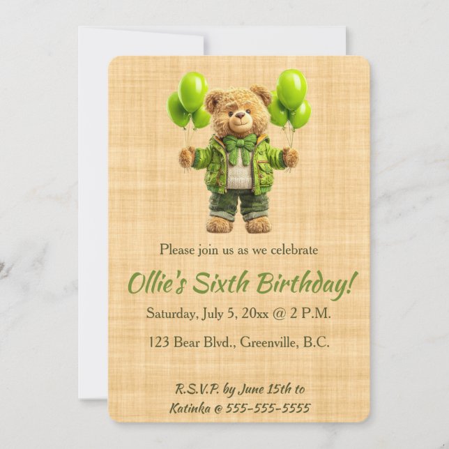 Editable Bear With Green Balloons Birthday Inbjudningar (Framsida)