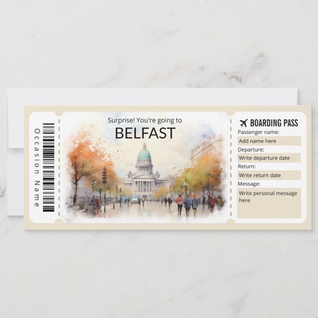 Editable Belfast Flygplan biljett, Irland Resa Inbjudningar (Framsida)