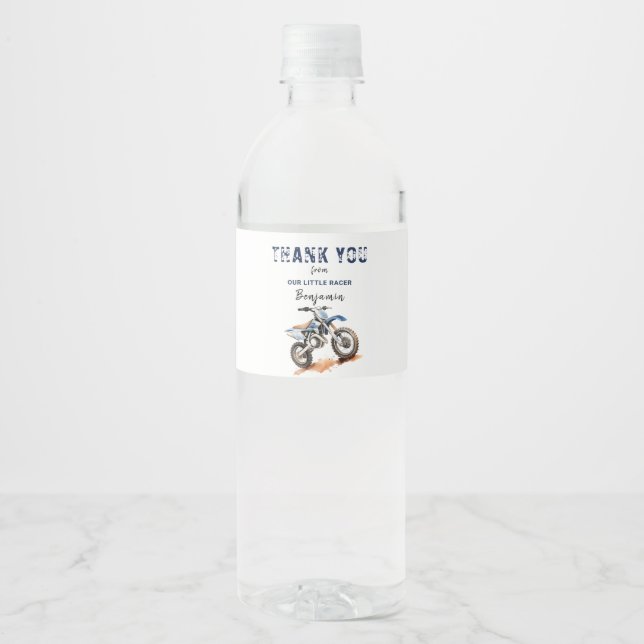 Editable Birthday Blue Dirt Bike Vattenflaskor Etikett (Framsida)