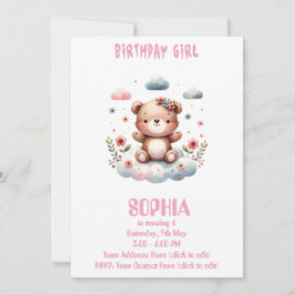 Editable Birthday Girl Teddy Bear Invitation 🧸💖 Inbjudningar