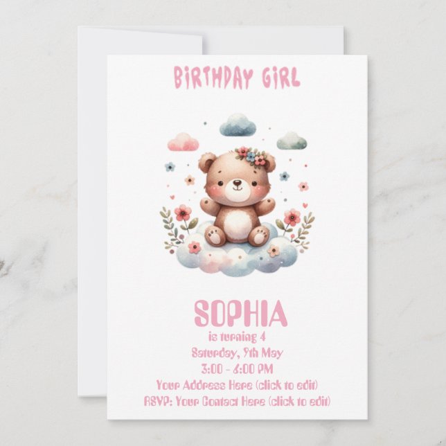 Editable Birthday Girl Teddy Bear Invitation 🧸💖 Inbjudningar (Framsida)