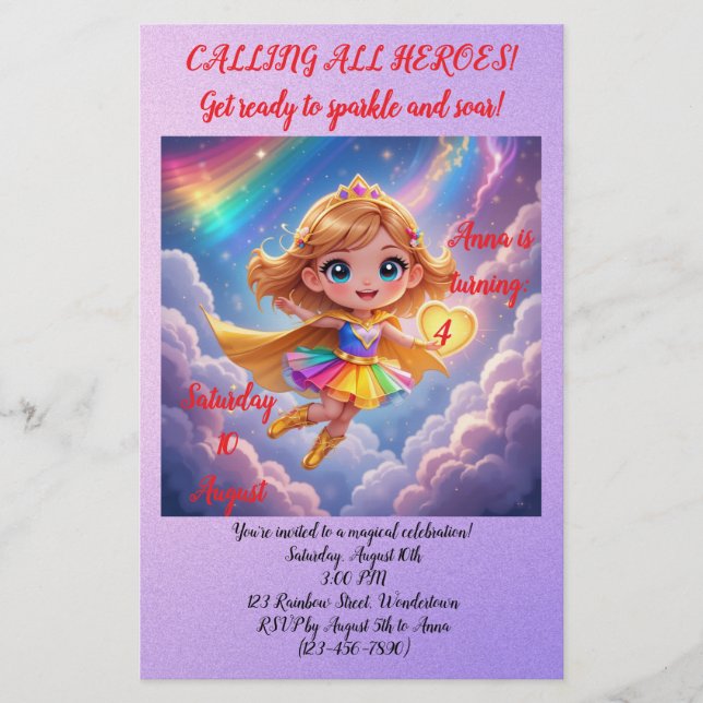Editable Birthday Invitation – Superheroine Theme Brevpapper (Framsida)