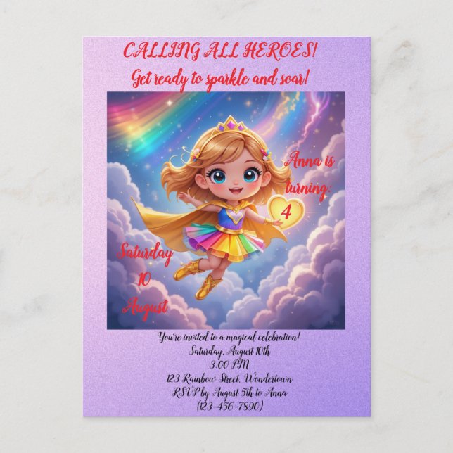 Editable Birthday Invitation – Superheroine Theme Vykort (Framsida)