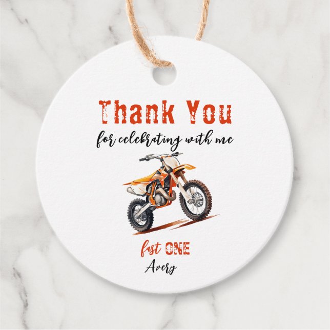 Editable Birthday Orange Dirt Bike Birthday Gåvor Etiketter (Framsida)