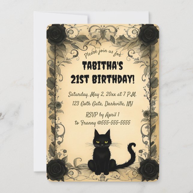 Editable Black Cat And Black Flowers Inbjudningar (Framsida)
