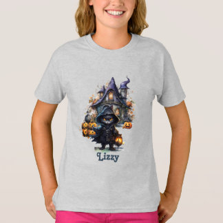 Editable Black Cat Witch Pumpkin Youth Halloween T Shirt