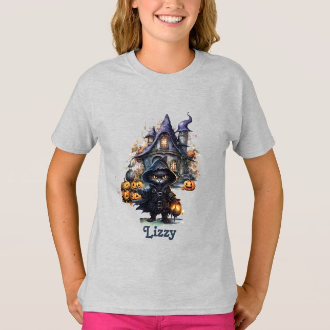 Editable Black Cat Witch Pumpkin Youth Halloween T Shirt (Framsida)