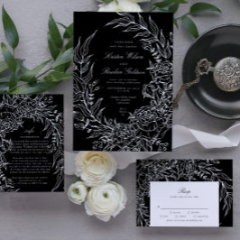 Editable Black Flower White Wand Bröllop Inbjudningar