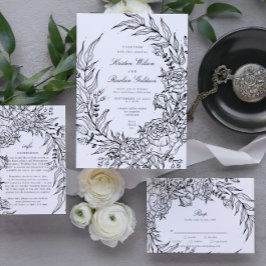 Editable Black Flower White Wand Bröllop Inbjudningar