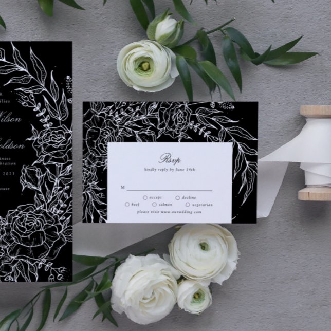 Editable Black Flower White Wand Bröllop OSA Kort (RSVP showcasing suite - additional items (bought separately))