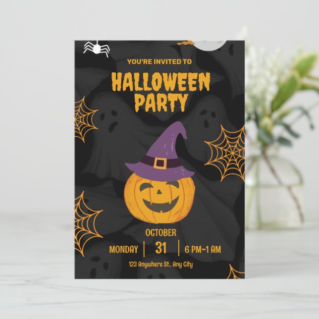Editable Black Orange Pumbkin Halloween fest Inbjudningar (Stående Fram)