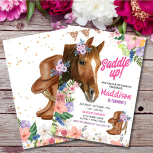 Editable Blommigt Cowgirl Horse Birthday Inbjudningar