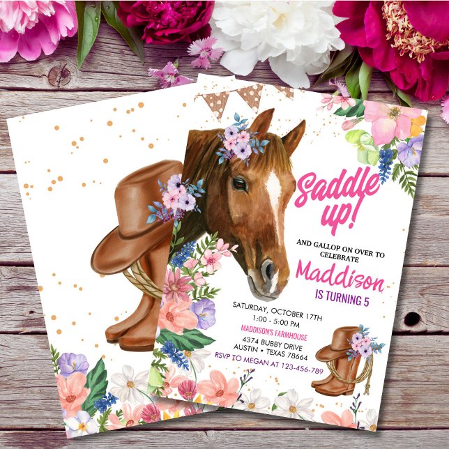 Editable Blommigt Cowgirl Horse Birthday Inbjudningar (Skapare uppladdad)