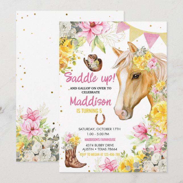 Editable Blommigt Cowgirl Horse Birthday Inbjudningar (Fram/baksida)
