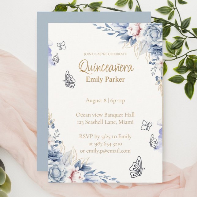 Editable Blue and Gold Quinceañera Invitation Inbjudningar (Skapare uppladdad)