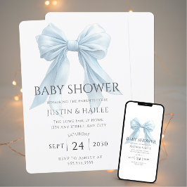 Editable Blue Bow Girl Coquette Baby Shower Inbjudningar