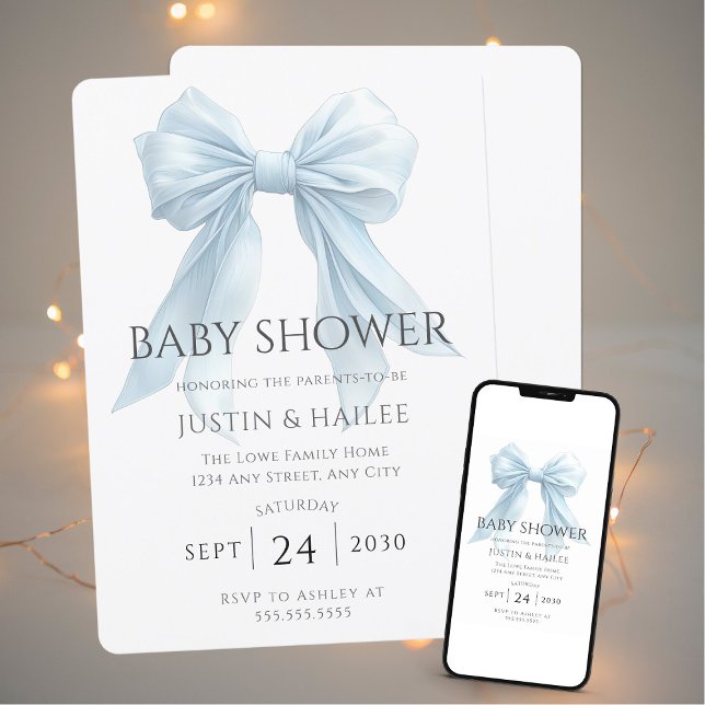 Editable Blue Bow Girl Coquette Baby Shower Inbjudningar (Skapare uppladdad)