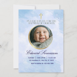 Editable Blue Cloud Baby Boy Baptism  Inbjudningar