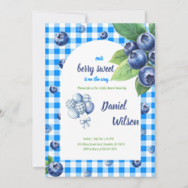 Editable Blue Gingham Charming Berry Grönt Löv Inbjudningar