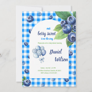 Editable Blue Gingham Charming Berry Grönt Löv Inbjudningar