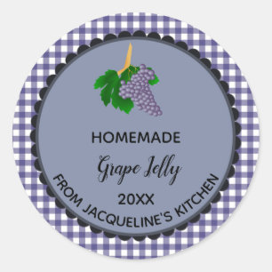 Editable Blue Gingham Grape Jelly Label Stickers Runt Klistermärke