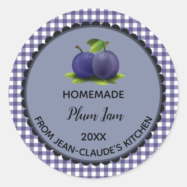 Editable Blue Gingham Plum Sylt etikett Stickers (Framsida)