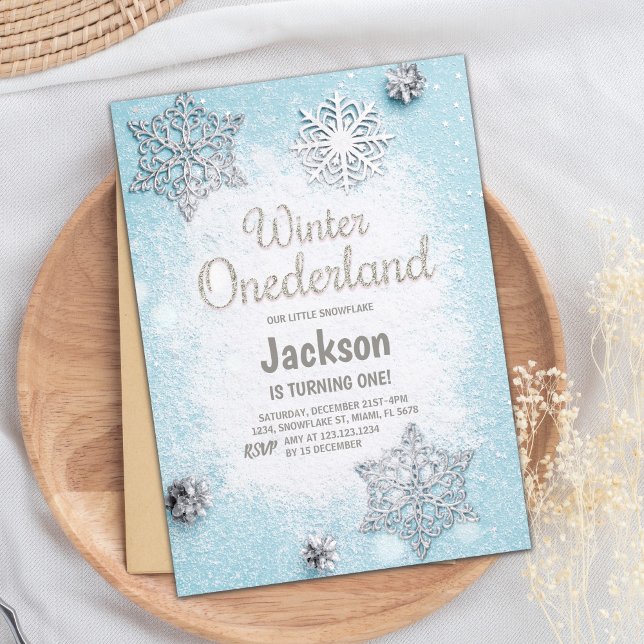 Editable Blue Silver Glitter Winter Onederland Inbjudningar (Blue Silver Glitter Winter ONEderland Invitations)