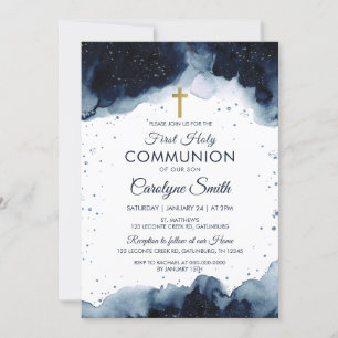 Editable Blue Watercolor First Heliga Communion Bo Inbjudningar