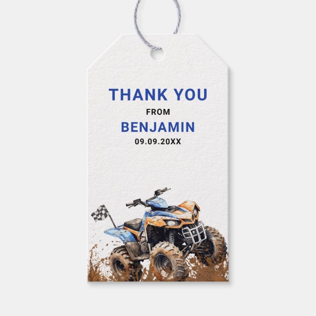 Editable Blue Wheeler ATV Bike Birthday Tack Presentetikett (Framsidan)
