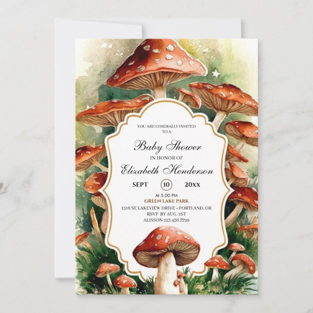 Editable Boho Mushroom Baby Shower Inbjudningar (Framsida)