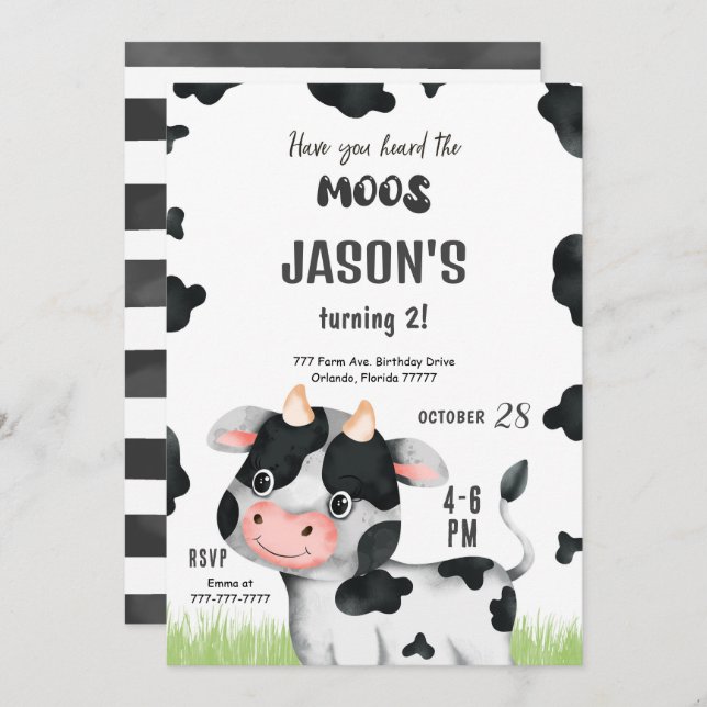 Editable Boy Cow Birthday-inbjudan Inbjudningar (Fram/baksida)