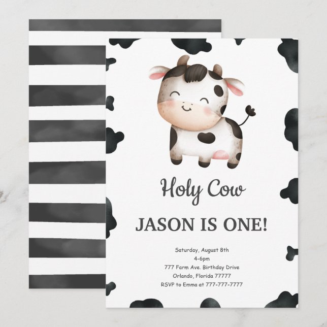 Editable Boy Cow Birthday-inbjudan Inbjudningar (Fram/baksida)