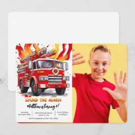 Editable Boy Fire Lastbil Birthday Photo Inbjudningar