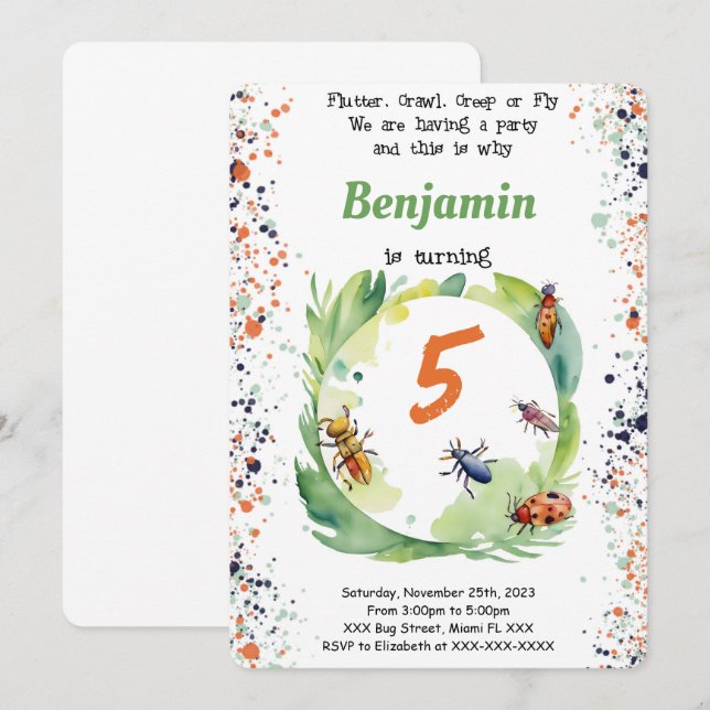 Editable Boy Kryp Födelsedagsfest Inbjudningar (Fram/baksida)