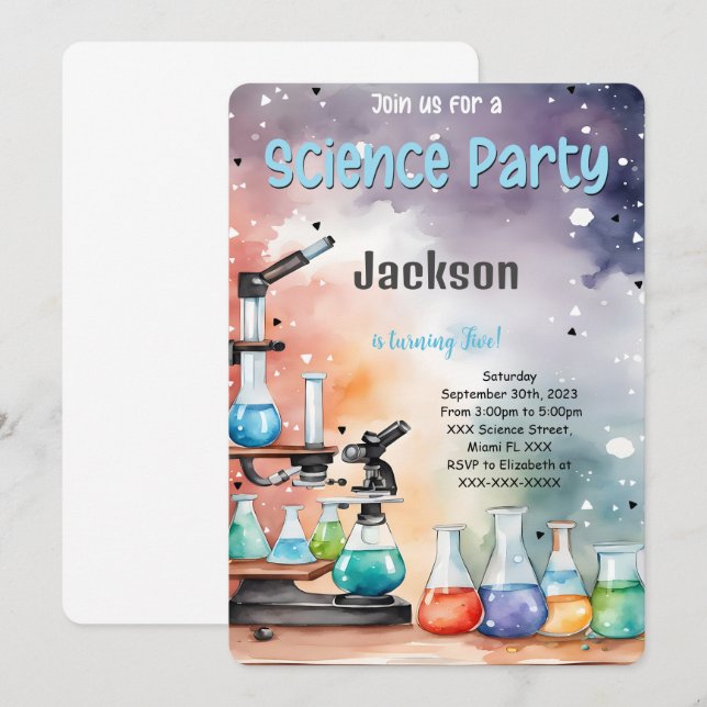 Editable Boy Science Födelsedagsfest Inbjudningar (Fram/baksida)