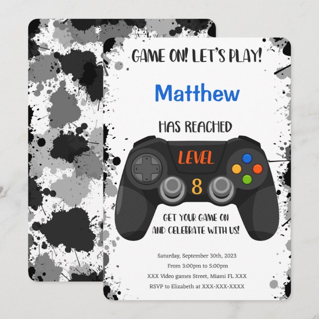 Editable Boy Video Game Birthday Inbjudningar (Fram/baksida)