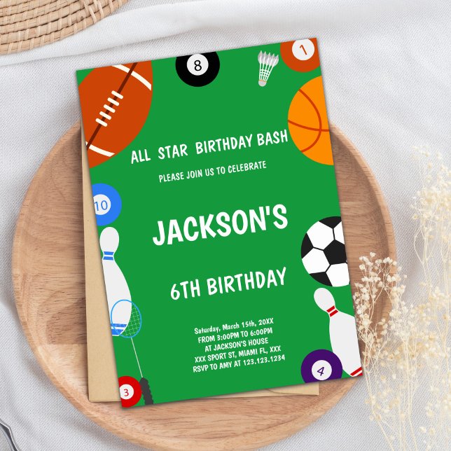Editable Boys All-Star Multi-Sport Party Inbjudan (Green Sports Birthday Invitations)