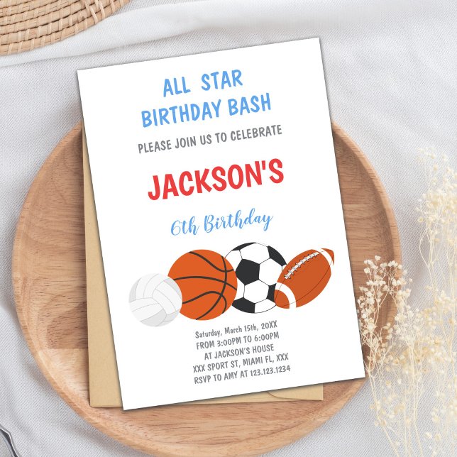 Editable Boys Athletic Party Inbjudan (Birthday Sports Invitations)