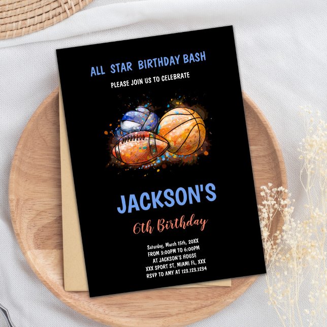 Editable Boys Multi-Sport Party Inbjudan (Paint Black Sports Birthday Invitations)