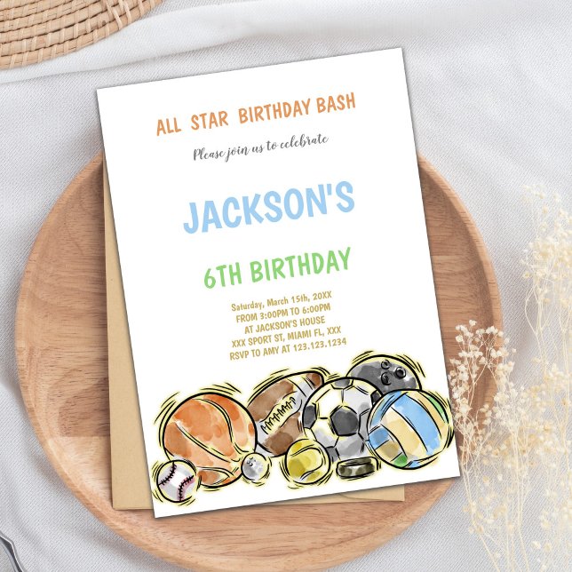 Editable Boys Multi-Sport Party Inbjudan med artis (Watercolor shake Sports Birthday Invitations)