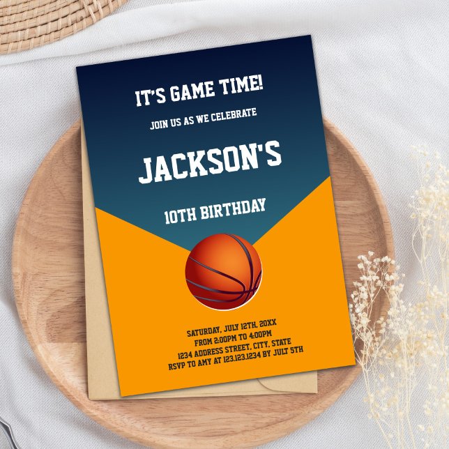 Editable Boys Slam dunk Sports Party Inbjudan (Green Orange Basketball Invitations)