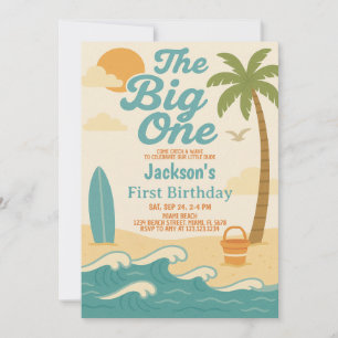 Editable Boy's The Big One Surfing 1st Birthday Inbjudningar