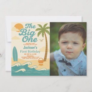 Editable Boy's The Big One Surfing 1st Birthday Inbjudningar