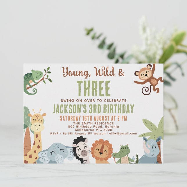 Editable Brown Green Young Wild Three 3rd Birthday Inbjudningar (Stående Fram)