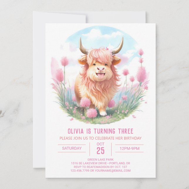 Editable Brown Highland Cow Birthday Inbjudningar (Framsida)